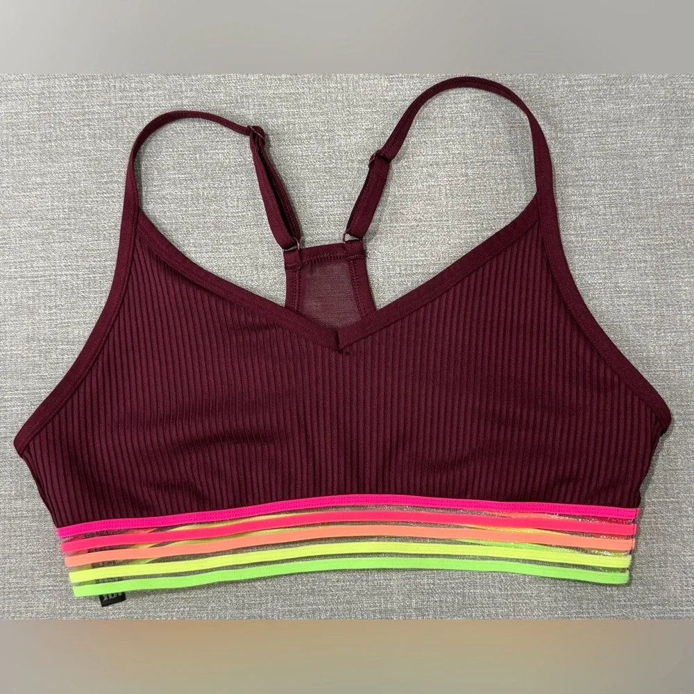 Pink Sport Ultimate Lightly Lined Ribbed Burgundy Neon Band Sports Bra Size M‎